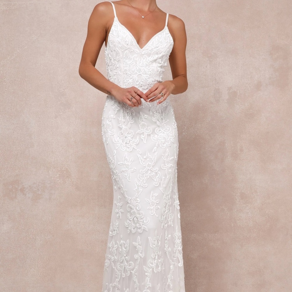 Everlasting Passion White Sequin Beaded Backless Maxi Dress